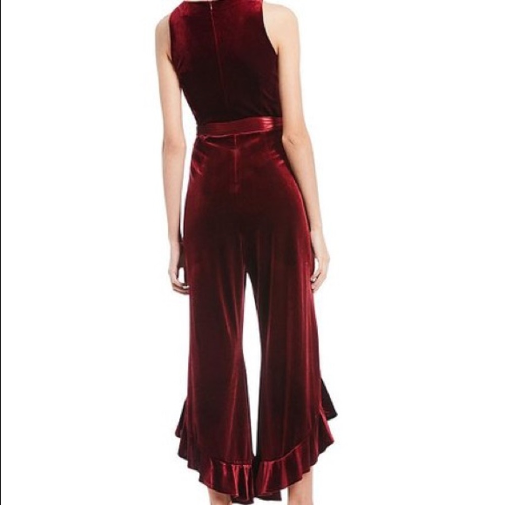 Betsey Johnson Maroon Velvet Ruffle Hem Jumpsuit - Picture 2 of 8